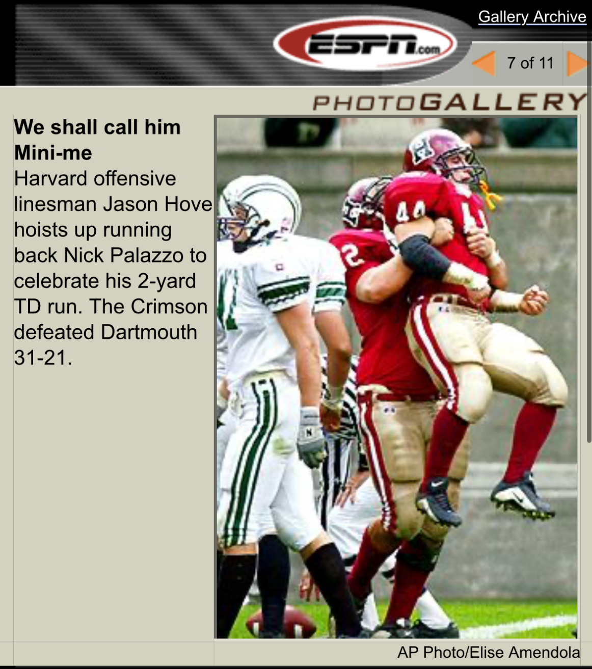 Nick Palazzo lifted by Harvard offensive lineman Jason Hove after a 2-yard touchdown run against Dartmouth, featured on ESPN.com